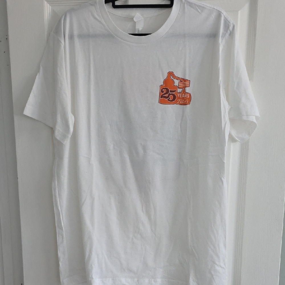 Alternative White Short-Sleeve Tee with Orange 25th Anniversary Logo Titos